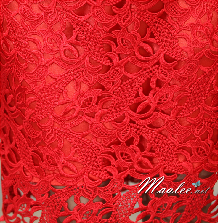 พร้อมส่ง ชุดราตรีสั้น ลูกไม้สีแดง แขนสั้น