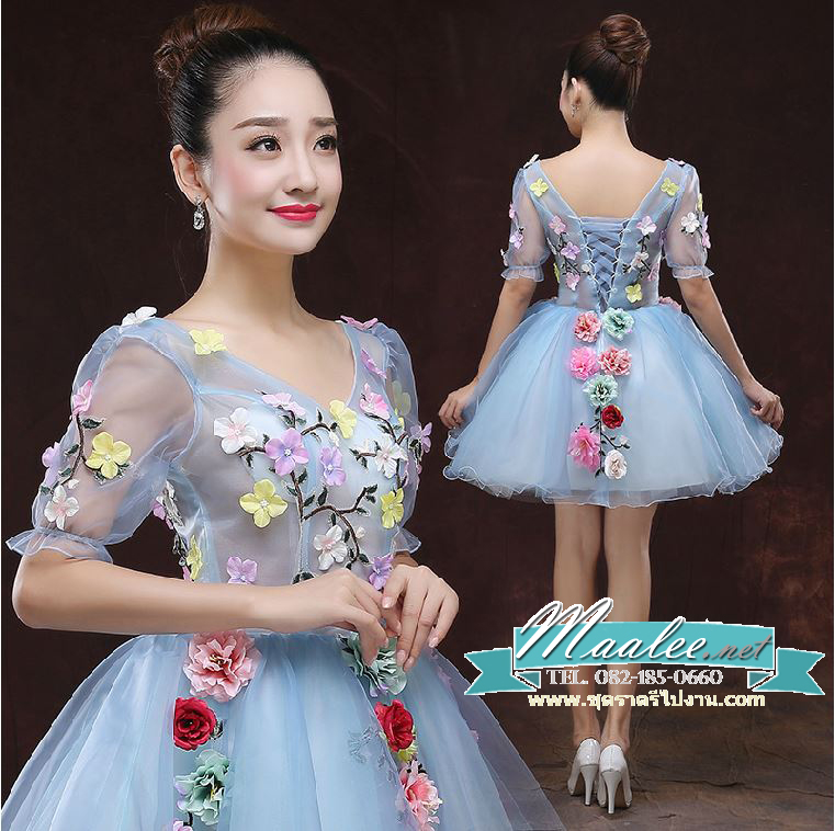 พร้อมเช่า ชุดแฟนซีสั้น สีฟ้า แขนยาว แต่งดอก Fairy สไตล์เจ้าหญิง กระโปรงพองสวยชายย้วย เชือกผูกหลัง
