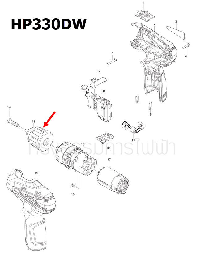 หัวสว่าน สว่านไร้สาย Makita HP330D, HP330DW [#16], HP331, HP331D [#11] Pn.763229-6 (แท้)##(*)
