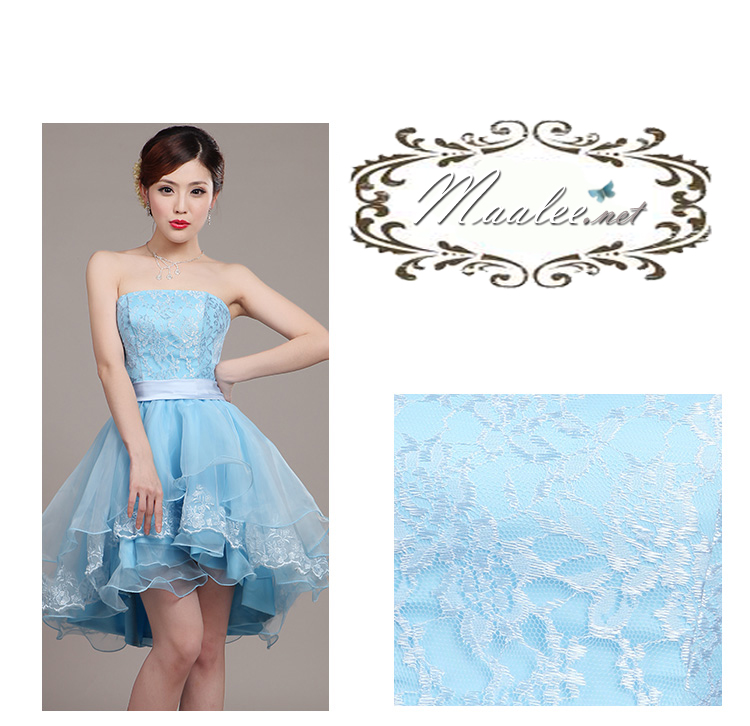 พร้อมเช่า ชุดราตรีสั้น เกาะอก แต่งลูกไม้กระโปรง3ชั้น ผ้าแก้ว ผ้าคาดเอวซาติน หน้าสั้นหลั้งยาว สีฟ้า