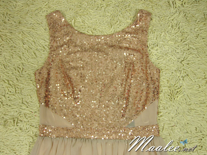 พร้อมส่ง ชุดราตรีสั้น แขนกุด สี Nude แต่งเลื่อมสีชมพู กระโปรงผ้าชีฟอง (เหลือเฉพาะไซส์ XL )