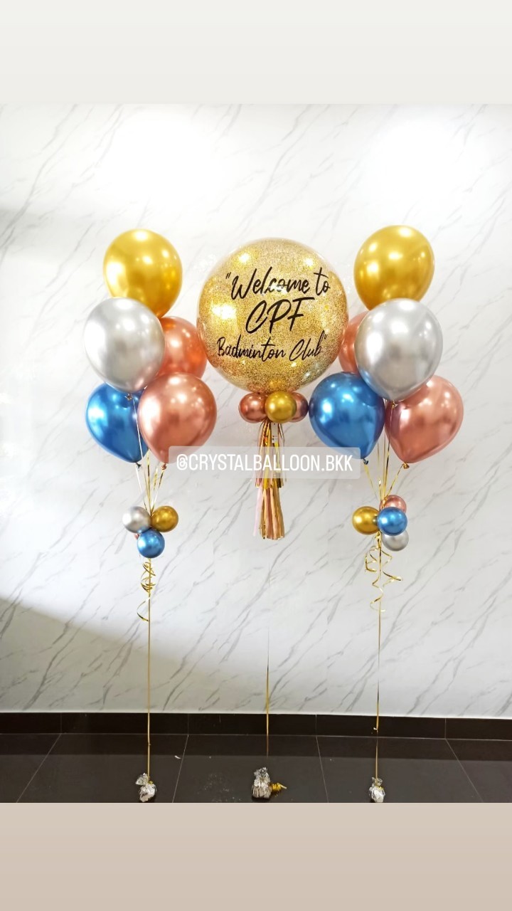 ลูกโป่ง แสดงความยินดี Bubble ขนาด 24" พร้อม ช่อลูกโป่งโครเมี่ยม ช่อ 5 ลูก 2 ช่อ พร้อมตกเเต่ง สามารถเปลี่ยนสีลูกโป่ง/เปลี่ยนข้อความ/เปลี่ยนขนาดได้