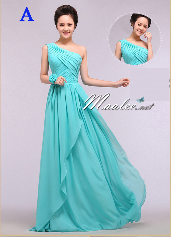 พร้อมเช่า ชุดราตรียาว ชุดเพื่อนเจ้าสาว สีฟ้ามิ้นต์ แบบ A ไหล่เดียว แต่งระบายด้านหน้า