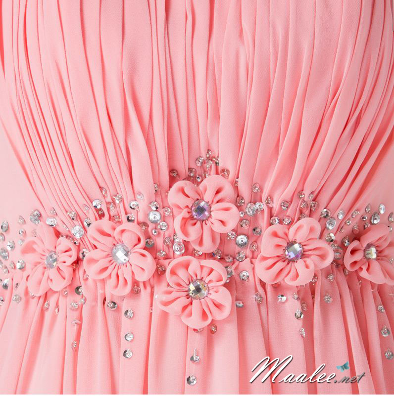 พร้อมส่ง ชุดราตรียาว เกาะอก สีโอรส แต่งดอกเก๋ๆ