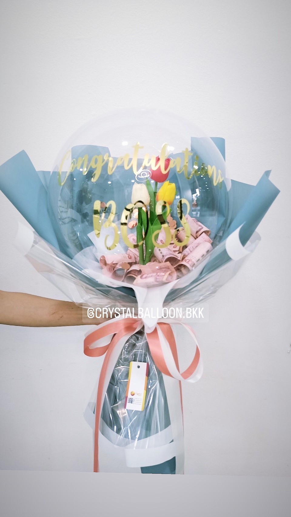 Flower Balloon แสดงความยินดี ดอกทิวลิปประดิษฐ์ 3 ดอก Bubble ขนาด 18" พร้อมตกแต่ง สามารถใส่เงินได้ 30 ใบ สามารถเปลี่ยนข้อความ/เปลี่ยนสีได้