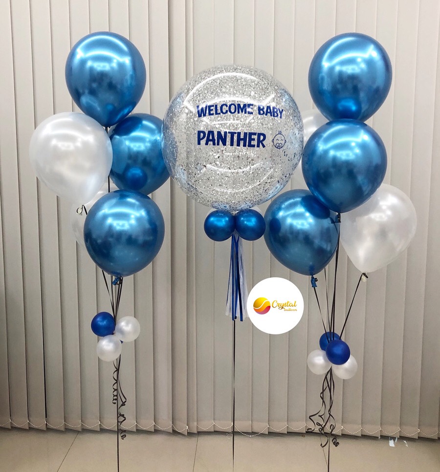 ลูกโป่ง Welcome Baby Bubble ขนาด 24" พร้อมตกแต่ง ช่อลูกโป่ง 5 ลูก 2 ช่อ สามารถเปลี่ยนสีลูกโป่ง/เปลี่ยนข้อความ/เปลี่ยนขนาดได้