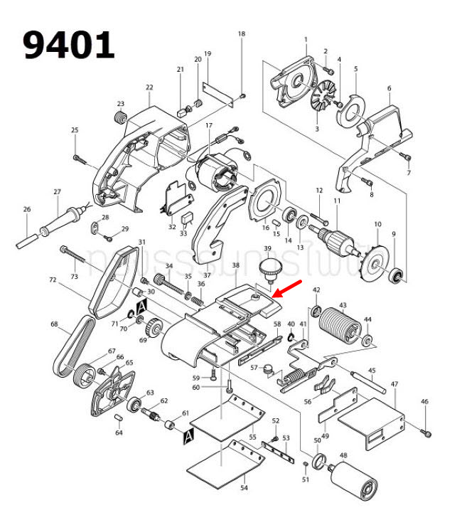 ฐานล่าง เครื่องขัดสายพาน Makita มากีต้า 9401, 9402 [#38] Pn.156226-3 (แท้) ##