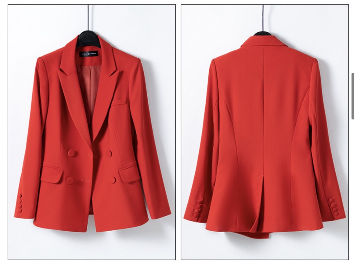 พร้อมเช่า สูทหญิง สูทสีแดงสด ทรงเข้ารูป สูทแฟชั่น สูท4 กระดุม
