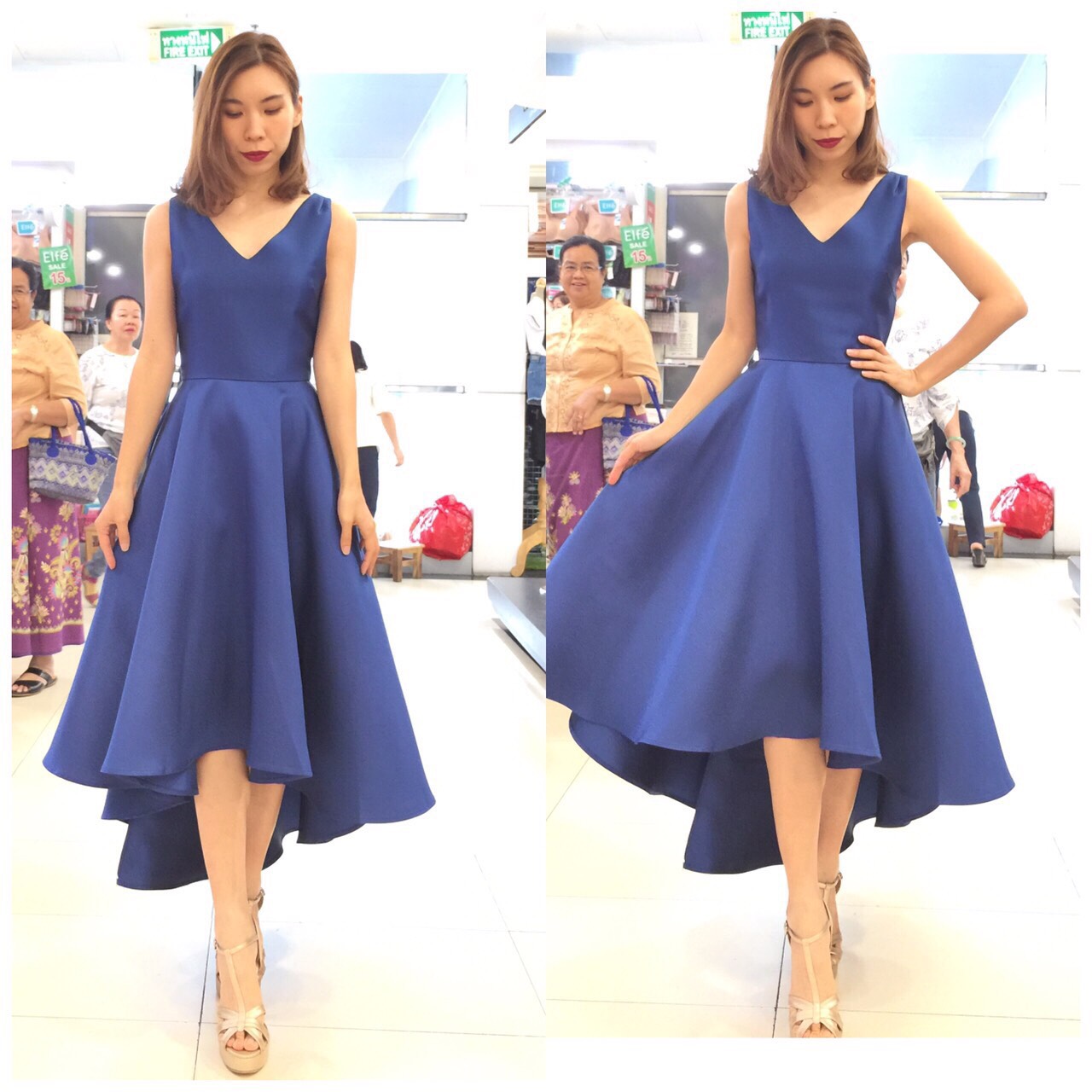 พร้อมเช่า ชุดเดรสเนื้อไหม คอวี แขนกุดจับเดรป ชายย้วย หน้าสั้นหลังยาว สีกรมท่า