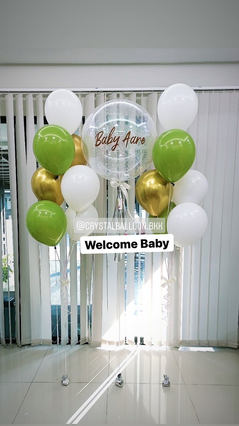 ลูกโป่ง Welcome Baby Bubble ขนาด 24" Theme สีเขียว-ทอง พร้อมตกแต่ง ช่อลูกโป่ง 7 ลูก 2 ช่อ สามารถเปลี่ยนสีลูกโป่ง/เปลี่ยนข้อความ/เปลี่ยนขนาดได้