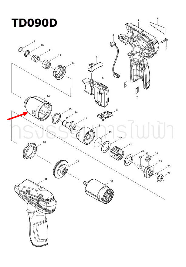 HAMMER CASE COMPLETE สว่านไขควงกระแทกไร้สาย Makita มากีต้า TD090, TD090D, TD090DW [#1] Pn.158670-0 (แท้) ##(*)