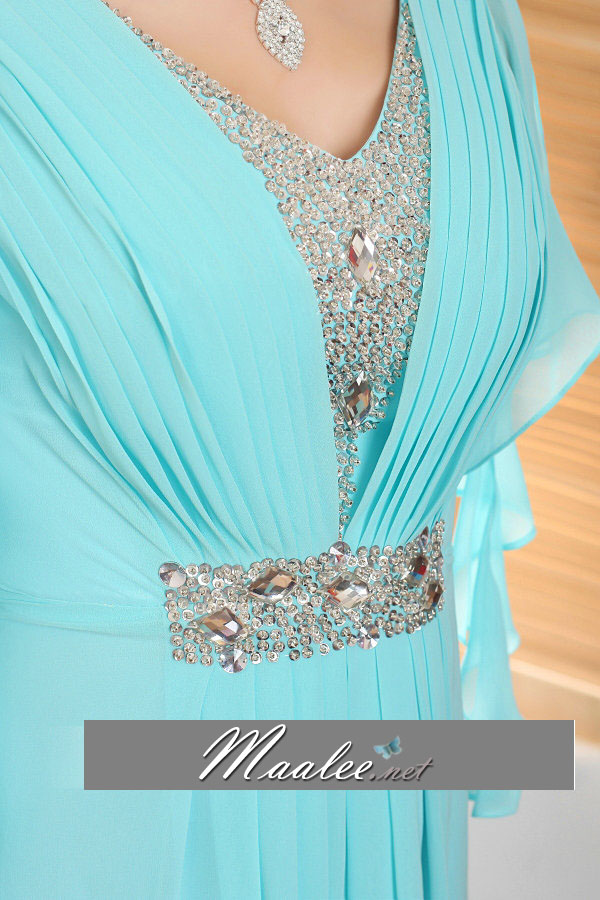 พร้อมเช่า ชุดราตรียาว สีฟ้า ผ้าชีฟอง จอเจีย แขนระบาย ทิ้งชายสวย