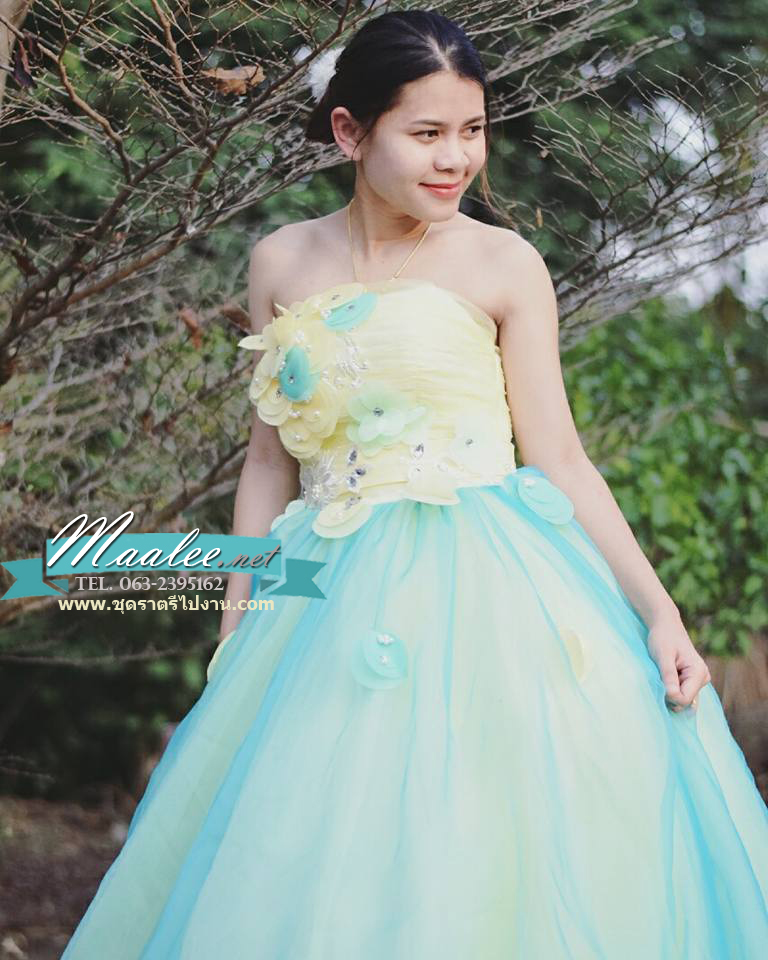 พร้อมเช่า ชุดแฟนซี ชุดราตรียาว เกาะอก แต่งดอกไม้ช่วงบน กระโปรงพองสวย