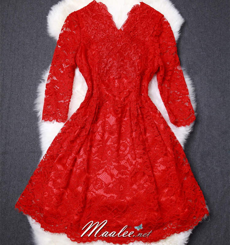 พร้อมส่ง ชุดราตรีสั้น/แขนยาว คอวี เนื้อผ้าลูกไม้ & Cotton แต่งซิปข้าง สีแดง (เหลือเฉพาะไซส์ 3XL)