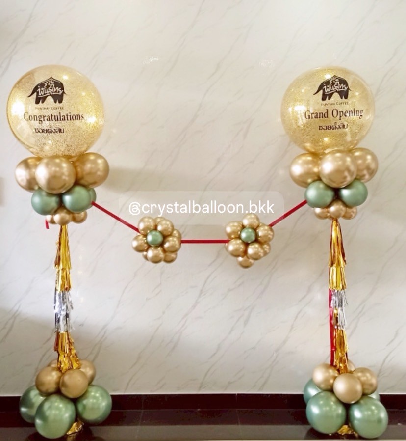 เสาลูกโป่ง เปิดงาน Bubble ขนาด 24" กลิตเตอร์สีทอง 2 เสา พร้อม ริบบิ้นตัดงาน 1 ท่าน พร้อมตกแต่ง สามารถเปลี่ยนสีลูกโป่ง/เปลี่ยนข้อความ/เปลี่ยนสี-ฟอยล์ตกแต่งได้