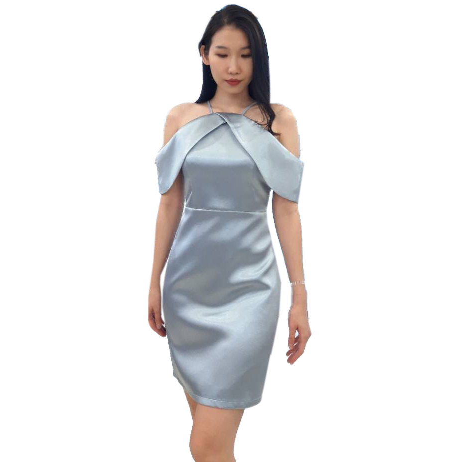 พร้อมเช่า ราตรีสั้น ชุดเดรส ดัชเชส ทรงเข้ารูป สายเดี่ยวปาดไหล่ สีฟ้า