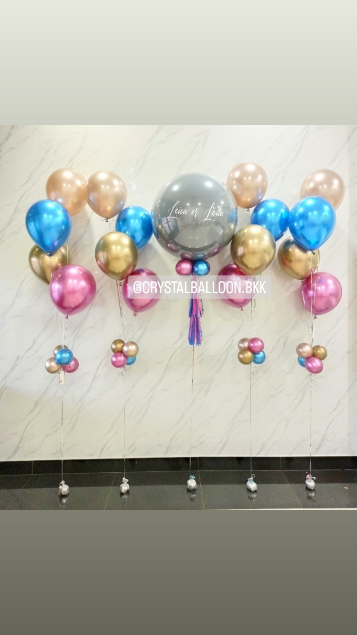 ลูกโป่ง ทายเพศ แบบเจาะ ลูกโป่งยาง ขนาด 24" สีเทา 1 ลูก พร้อม ช่อลูกโป่งสีโครเมี่ยม ช่อ 4 ลูก 4 ช่อ พร้อมตกแต่ง สามารถเปลี่ยนสีลูกโป่ง/เปลี่ยนข้อความ/เปลี่ยนขนาดได้