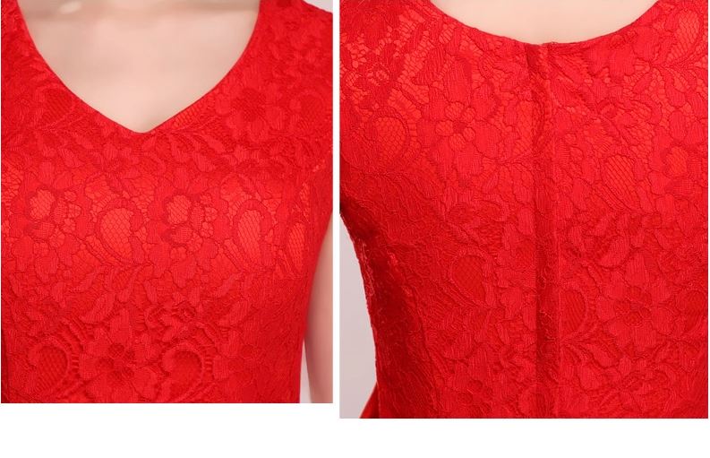 พร้อมส่ง ชุดเพื่อนเจ้าสาว PE-502 สีแดง แบบ F แขนกุด หน้าสั้นหลังยาว แต่งลูกไม้ช่วงอก คาดโบว์ที่เอว (ซิปหลัง)