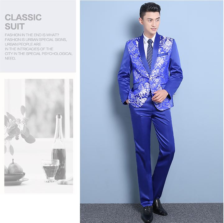 Pre-order ชุดสูทจีนชาย สีน้ำเงินปกคอน้ำเงิน พิมพ์ลายกราฟฟิก