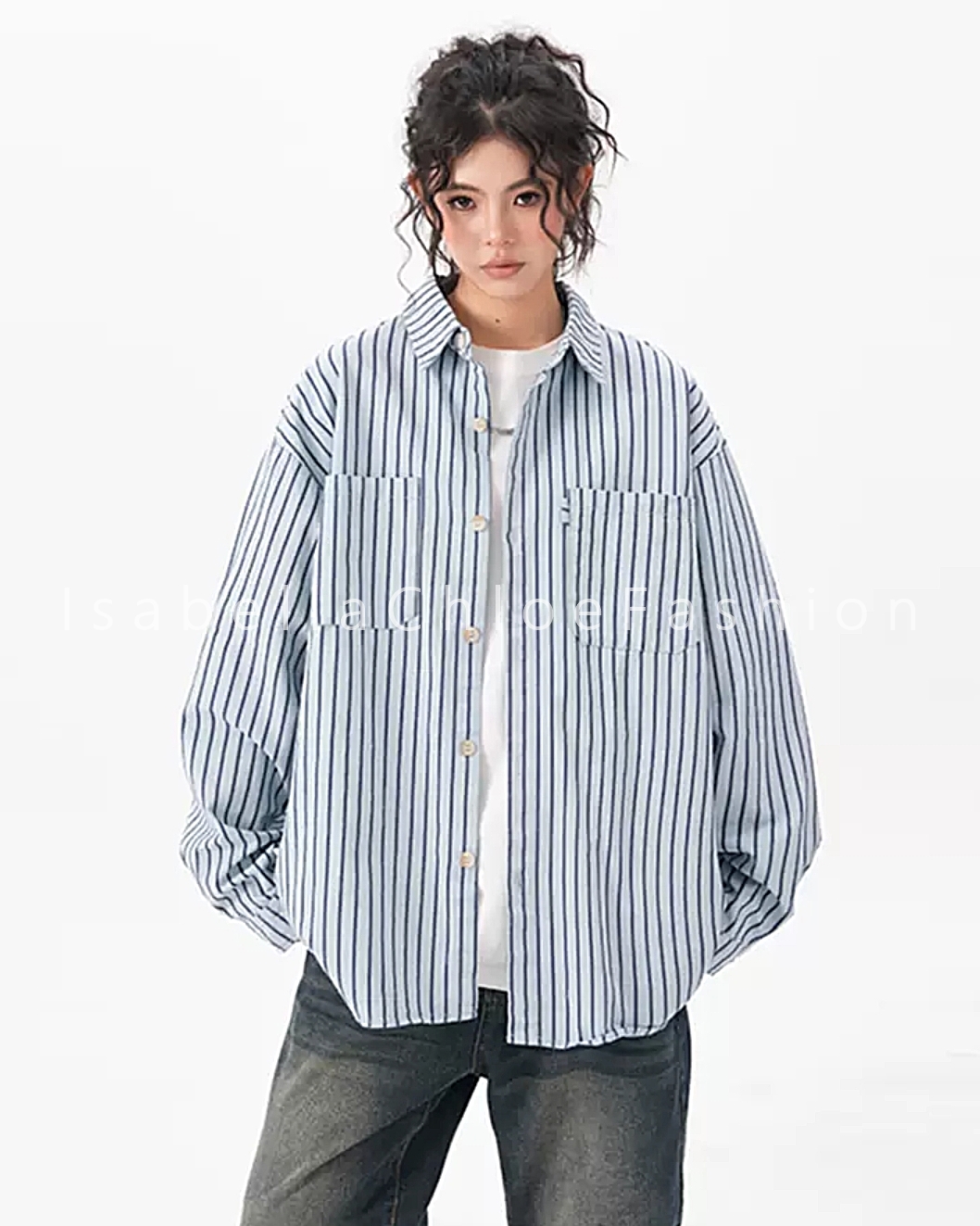 เสื้อเชิ้ตลายทางผู้หญิงโอเวอร์ไซส์