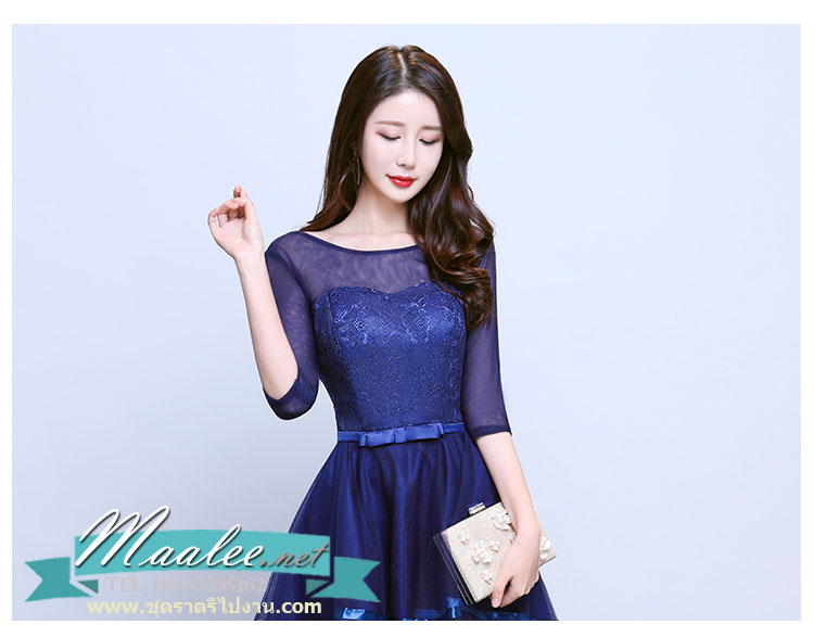 พร้อมเช่า ชุดราตรีแขนกุด หน้าสั้นหลังยาว สีกรมท่า แบบหน้าสั้น/หลังยาว สวยเก๋ กระโปรงตาข่าย (เชือกผูกหลัง)