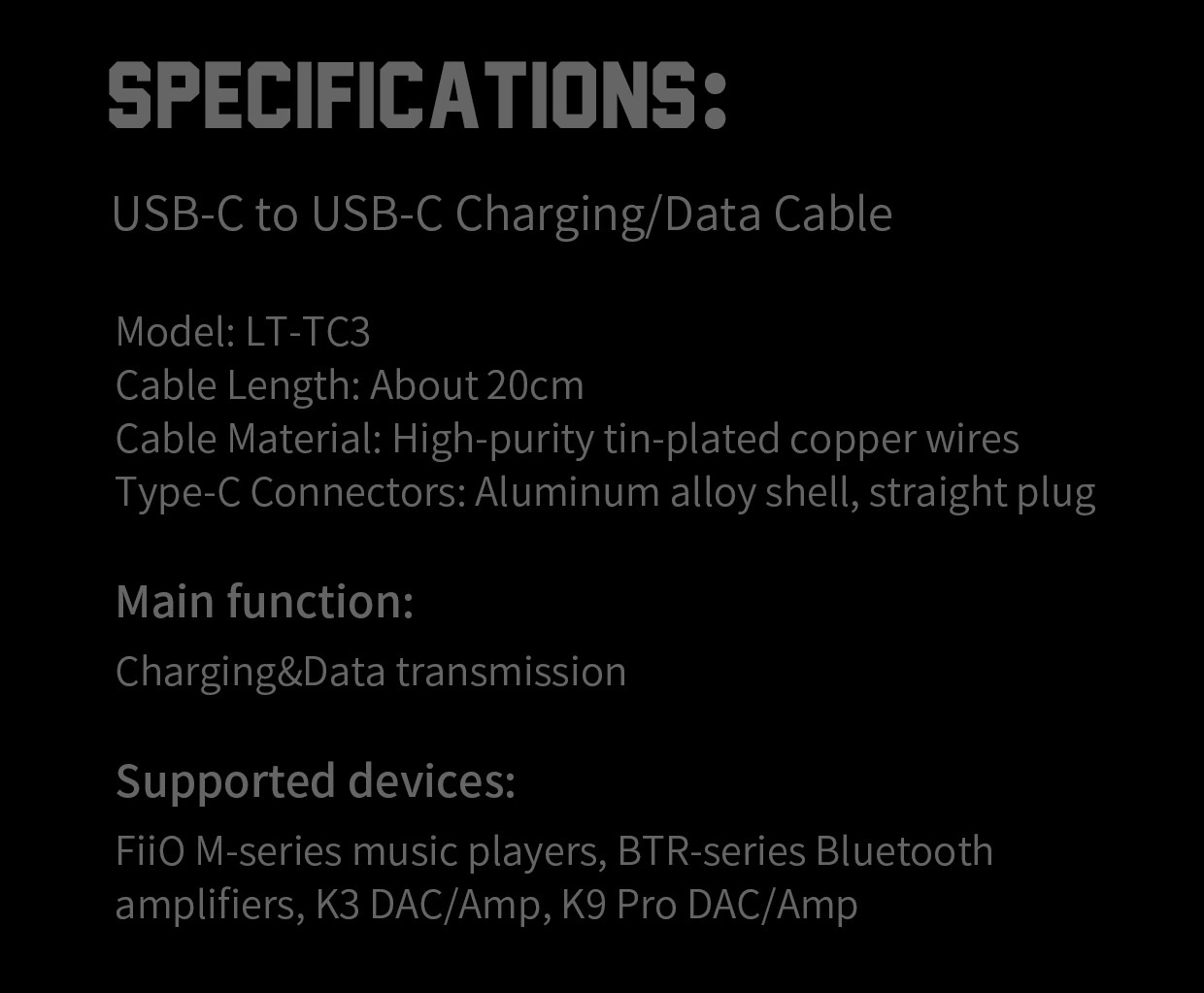 ขาย FiiO LT-TC3 สายชาร์จ/ดาต้า USB-C to USB-C สำหรับ มือถือ Androis ต่อกับ DAP