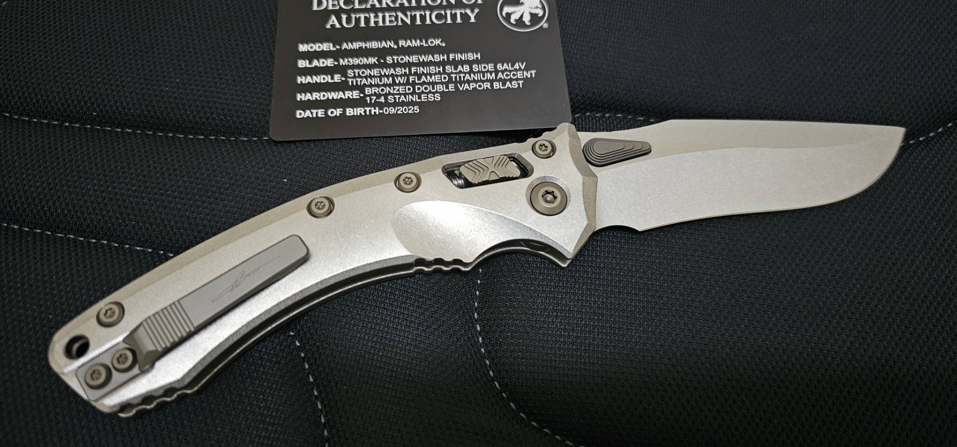 Microtech Marfione Select Amphibian RAM-LOK Manual Folding Knife 3.875" Bohler M390MK Stonewashed Clip Point Plain Blade and Slab Titanium Handles, Flamed Titanium Accents, AXIS/Crossbar Lock