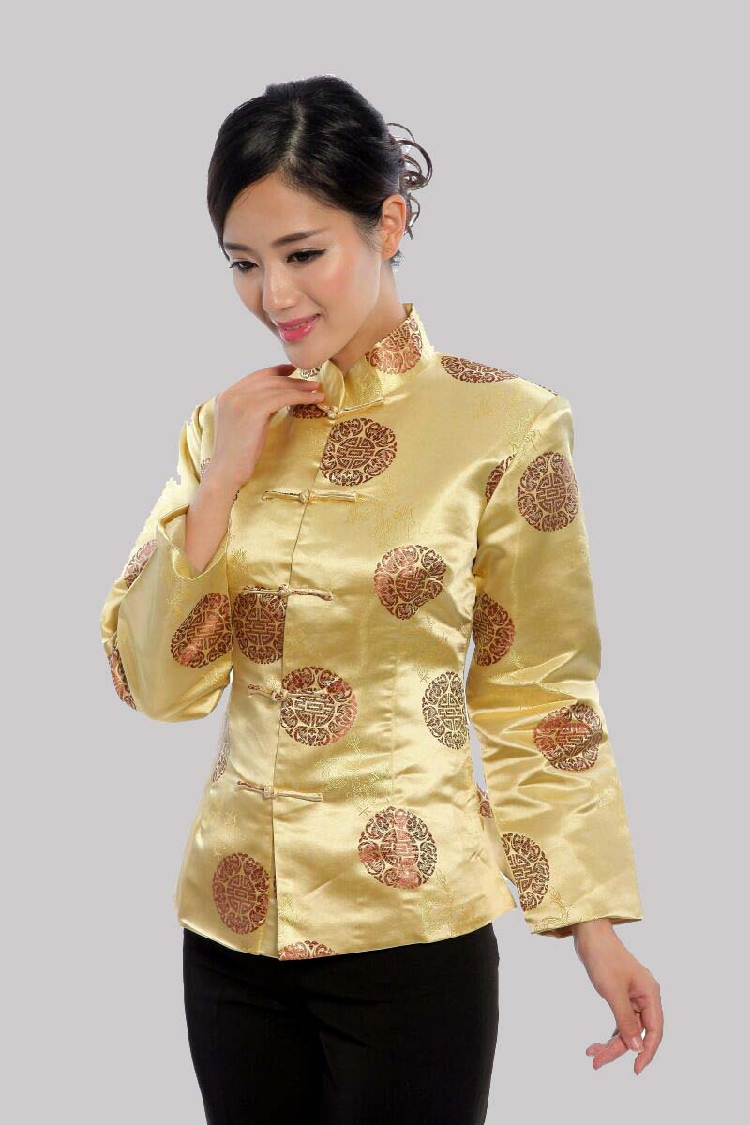 Pre-order เสื้อคอจีน ผู้หญิง ผ้าไหมจีน ทอลาย แขนยาว สีทอง