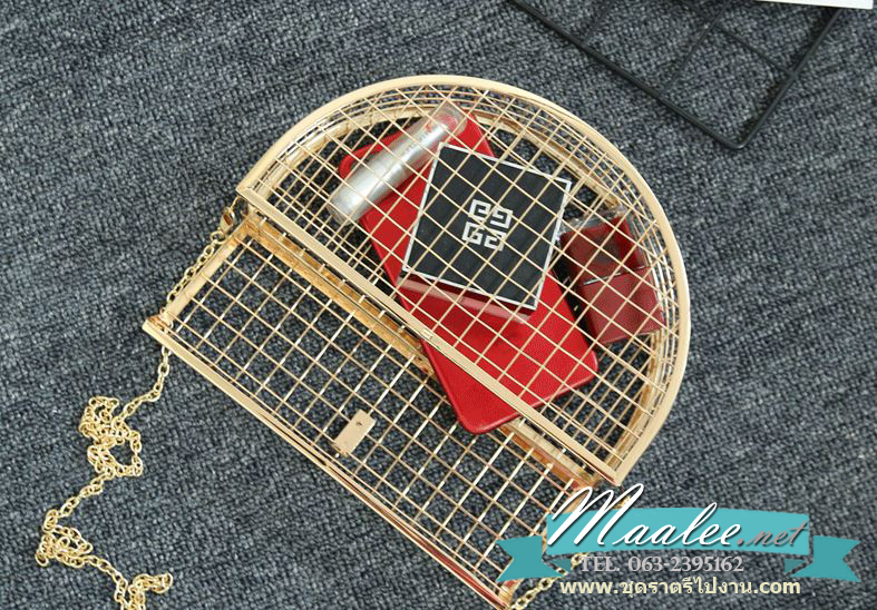 พร้อมส่ง Evening Clutch กระเป๋าออกงาน สีทอง แบบโปร่งลายตาราง ใส่ของได้เยอะ พร้อมสายโซ่