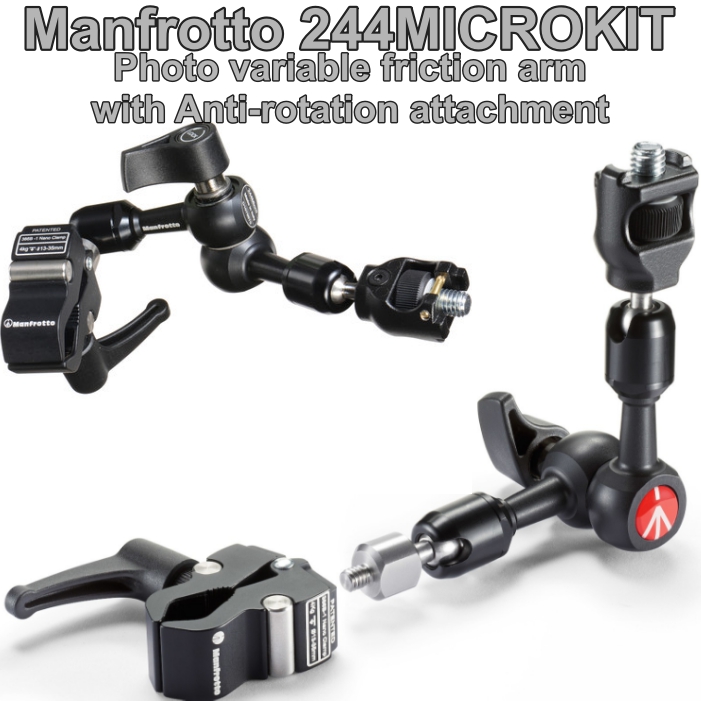 แขนจับอเนกประสงค์ Manfrotto 244MICROKIT ติดตั้งอุปกรณ์เสริม เช่น ไฟ LED, จอมอนิเตอร์ ต่อกับขาตั้ง 055new หรือ 190new วัสดุอลูมิเนียมยาว 15 cm Photo variable friction arm with Anti-rotation attachment ประกันศูนย์ 5 ปี