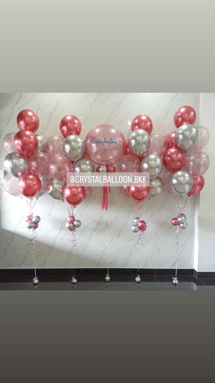 ลูกโป่ง แสดงความยินดี Bubble ขนาด 24" กลิตเตอร์สีชมพู พร้อม ช่อลูกโป่งสีโครเมี่ยม ช่อ 10 ลูก 4 ช่อ,ลูกโป่งใส ใส่กลิตเตอร์ พร้อมตกแต่ง สามารถเปลี่ยนสีลูกโป่ง/เปลี่ยนข้อความ/เปลี่ยนขนาดได้