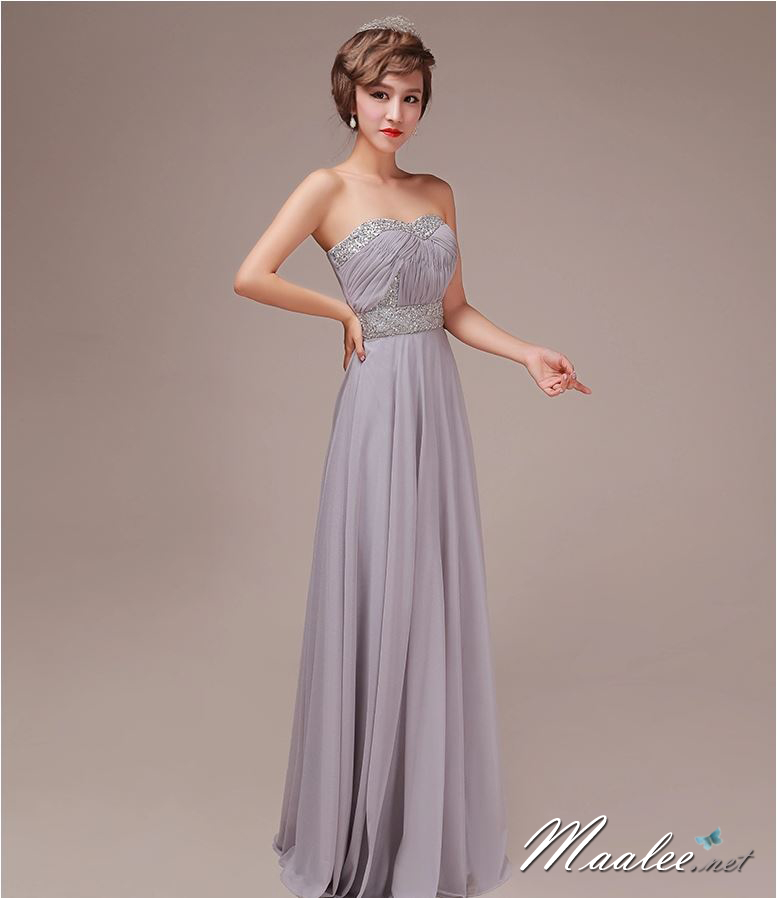 พร้อมส่ง ชุดราตรียาว เกาะอก แต่งเพชรหรู สีเทา