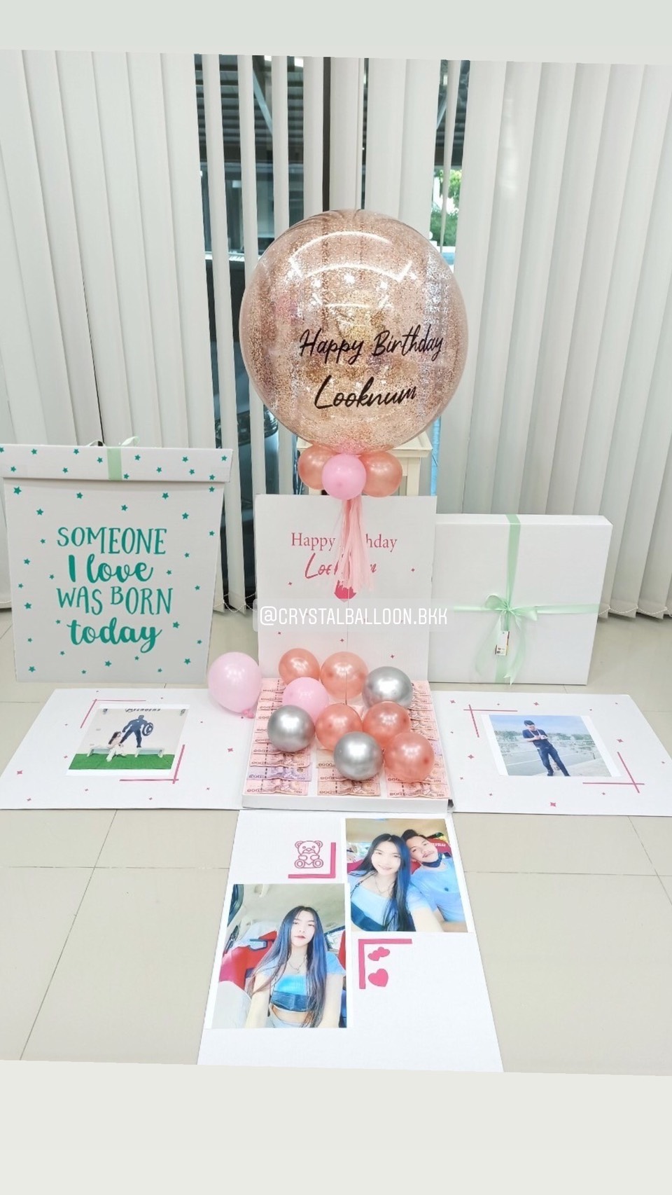 Cash Surprise Box กล่องเซอร์ไพรส์วันเกิด สามารถใส่เงินได้ Bubble ขนาด 24" โทนสีชมพู พร้อมตกแต่ง สามารถใส่รูปได้ 4 ใบ สามารถเปลี่ยนสีลูกโป่ง/เปลี่ยนข้อความได้