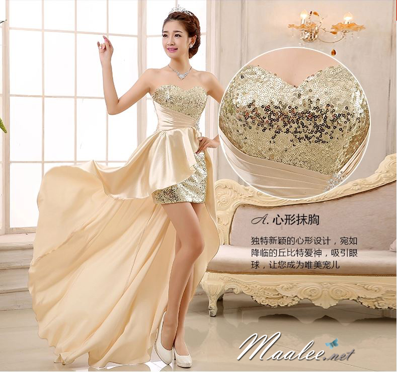 พร้อมส่ง ชุดราตรีสั้น เกาะอก เซ็กซี่หน้าสั้นหลังยาว แต่งเลื่อมประดับเข็มกลัด สีฟ้า