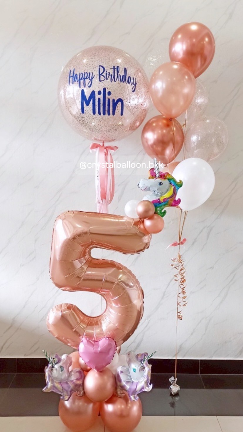 ลูกโป่งวันเกิดเด็ก Bubble ขนาด 24" กลิตเตอร์สีโรสโกล พร้อม ลูกโป่งช่อ ช่อ 7 ลูก 1 ช่อ , ฟอยล์ตัวเลข ขนาด 40" ตั้งฐาน 1 ชิ้น สีโรสโกล พร้อมตกแต่ง สามารถเปลี่ยนสีลูกโป่ง/้เปลี่ยนข้อความ/เปลี่ยนขนาดลูกโป่งได้