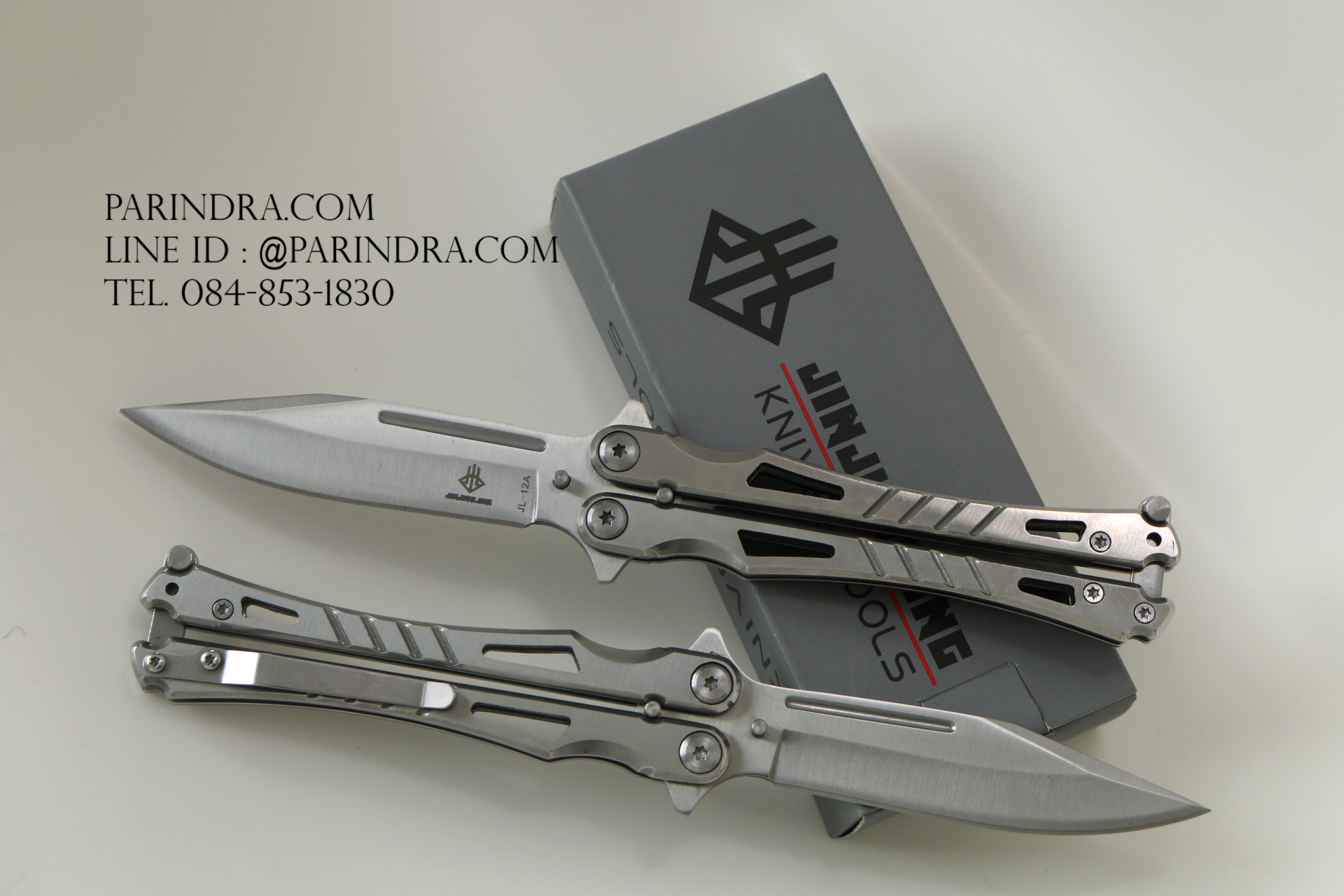มีดปีกผีเสื้อ Balisong JINJUNLANG ปลาย แหลม ด้ามสีเงิน BLA A001