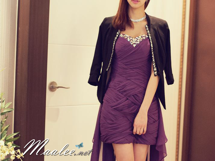 พร้อมส่ง ชุดราตรีสั้น&ชุดเดรสสั้น เกาะอกสีม่วง ผ้าชีฟองแต่งจีบกระโปรงแบบสานต่อกัน อกแต่งเลื่อมหรู ชายยาว (ปรับแก้ไซส์ได้)