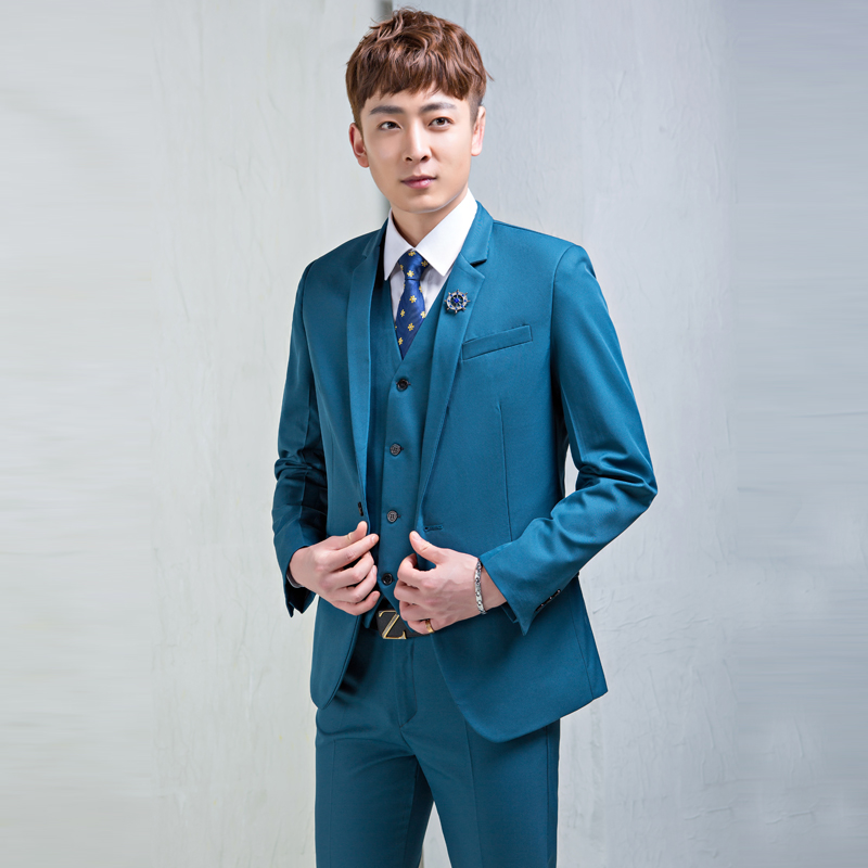 พร้อมเช่า ชุดสูทชาย สีฟ้าน้ำทะเล สไตล์เกาหลี (ไม่มีเสื้อกั๊ก)