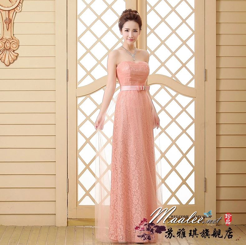 พร้อมส่ง ชุดราตรียาว เกาะอก ผ้าลูกไม้คลุมผ้าตาข่าย แต่งโบว์และคริสตัลช่วงเอว สีชมพู (เชือกผูก)