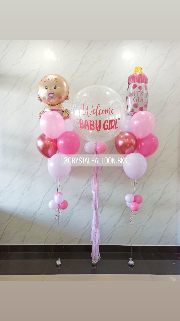 ลูกโป่ง Welcome Baby Theme สีชมพู Bubble ขนาด 36" กลิตเตอร์สีขาวมุก พร้อม ช่อลูกโป่งฟอยล์ขวดนม ช่อ 7 ลูก 1 ช่อ,ช่อลูกโป่งฟอยล์เด็ก ช่อ 7 ลูก 1 ช่อ พร้อมตกแต่ง สามารถเปลี่ยนสีลูกโป่ง/เปลี่ยนข้อความ/เปลี่ยนขนาด/เปลี่ยนฟอยล์ตกแต่งได้