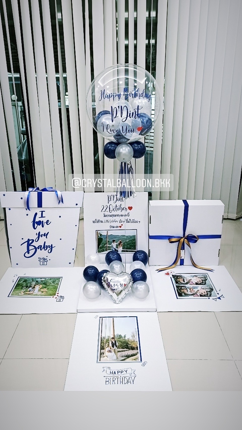 Happy Birthday Surprise Box กล่องเซอร์ไพรส์วันเกิด Bubble USA ขนาด 24" Theme Dark Blue-เงิน พร้อมตกแต่ง สามารถใส่รูปได้ 4 ใบ สามารถเปลี่ยนสีลูกโป่ง/เปลี่ยนข้อความได้