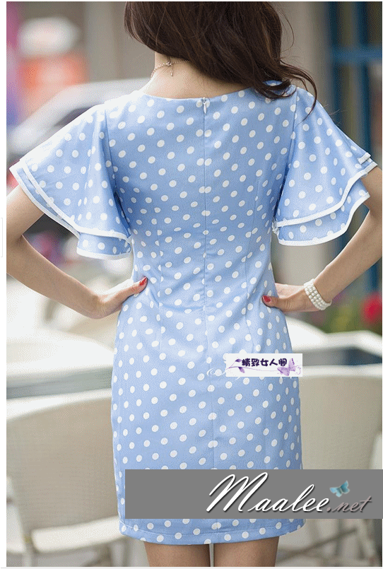 พร้อมส่ง ชุดเดรสสั้น แซก ลายจุด Polka dot สีฟ้า-ขาว แขนย้วย ผ้ามันนิดๆ