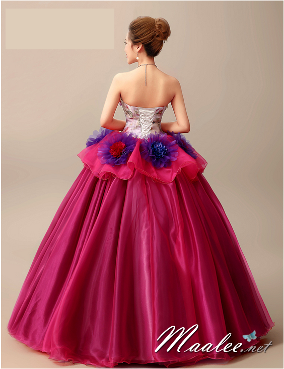 พร้อมเช่า ชุดแฟนซี ชุดราตรียาว แบบเกาะอก กระโปรงพองสวยสีม่วง แต่งดอก (เชือกผูกหลัง)