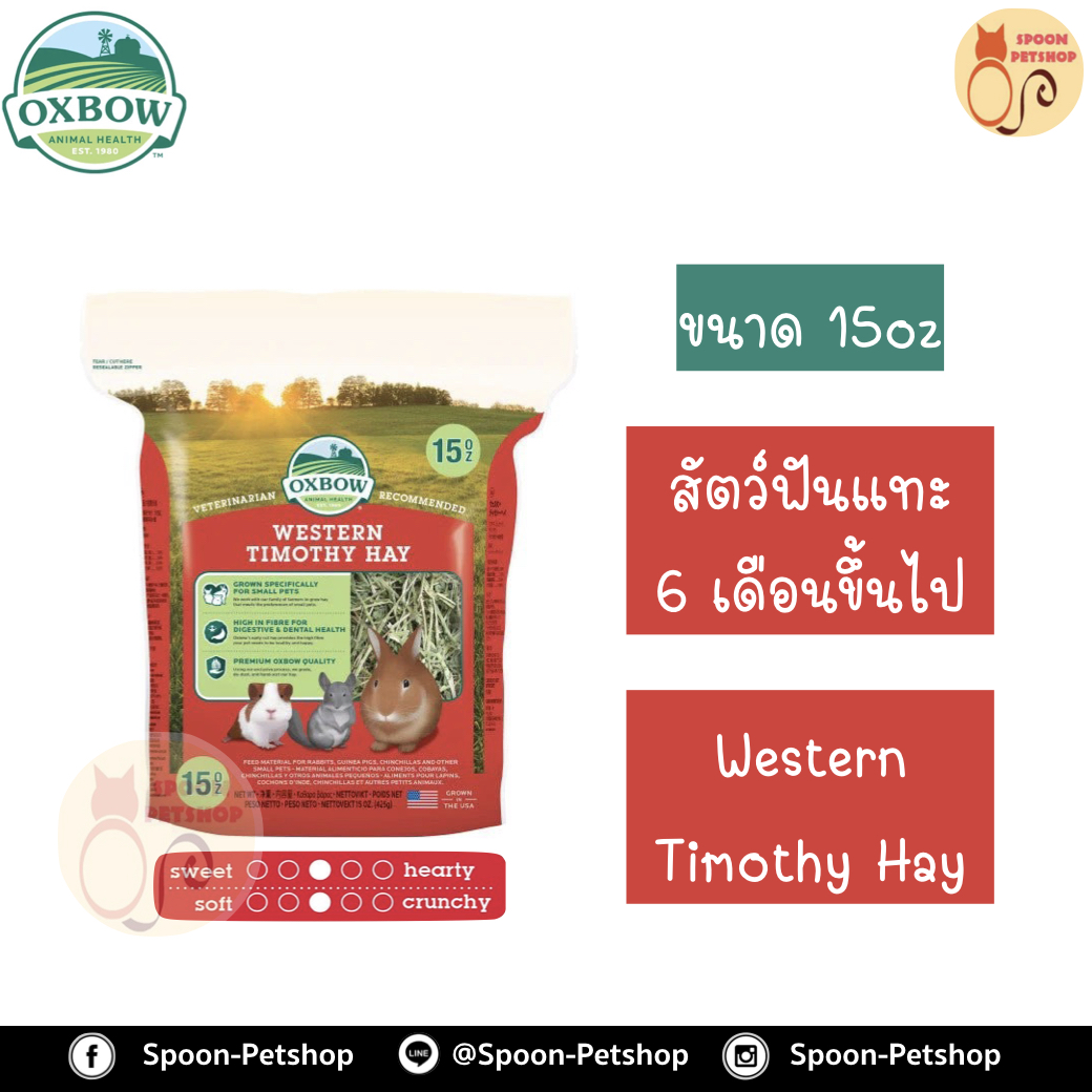 Oxbow Western Timothy Hay หญ้า อ็อกซ์โบว์ ทิโมธี สำหรับสัตว์ฟันแทะ กระต่าย กระรอก หนูแฮมสเตอร์ หนูแกสบี้ อายุตั้งแต่ 6 เดือนขึ้นไป ขนาด 15Oz