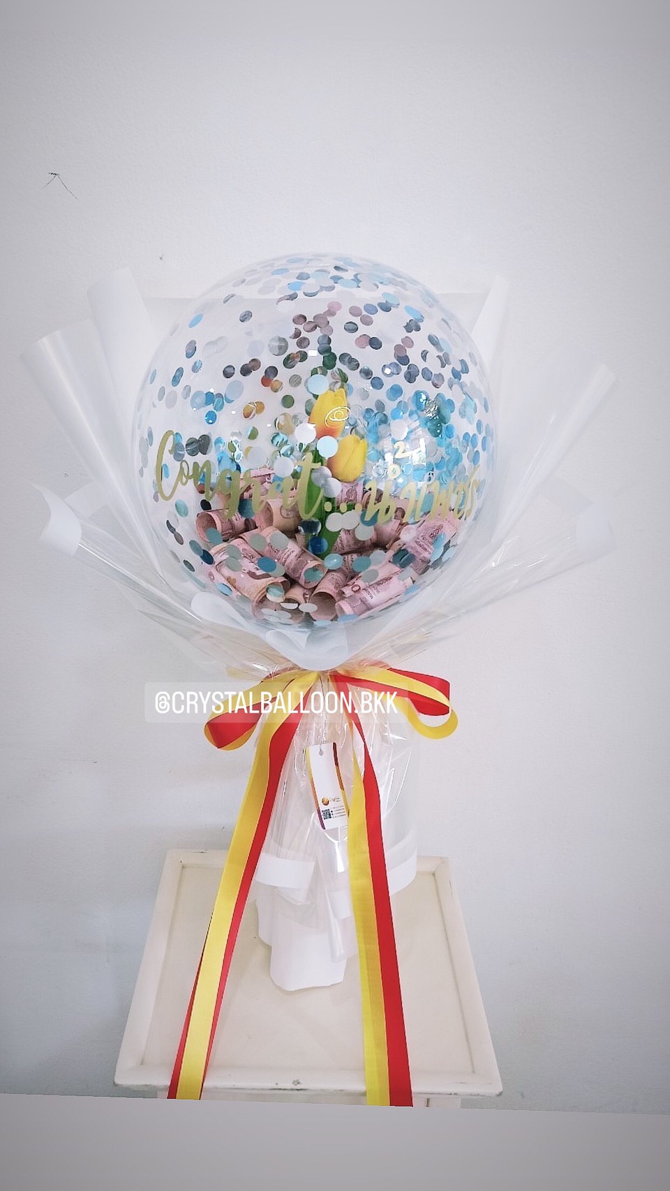 Flower Balloon แสดงความยินดี ดอกทิวลิปประดิษฐ์ 2 ดอก Bubble ขนาด 18" พร้อมตกแต่ง สามารถใส่เงินได้ 30 ใบ สามารถเปลี่ยนข้อความ/เปลี่ยนสีได้