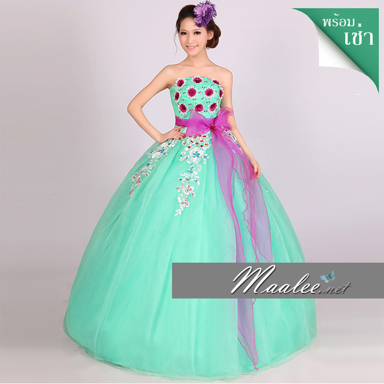 พร้อมเช่า ชุดแฟนซี ชุดราตรียาว เกาะอก สีเขียวมิ้นต์ แต่งลูกไม้ ลาย Polkadot