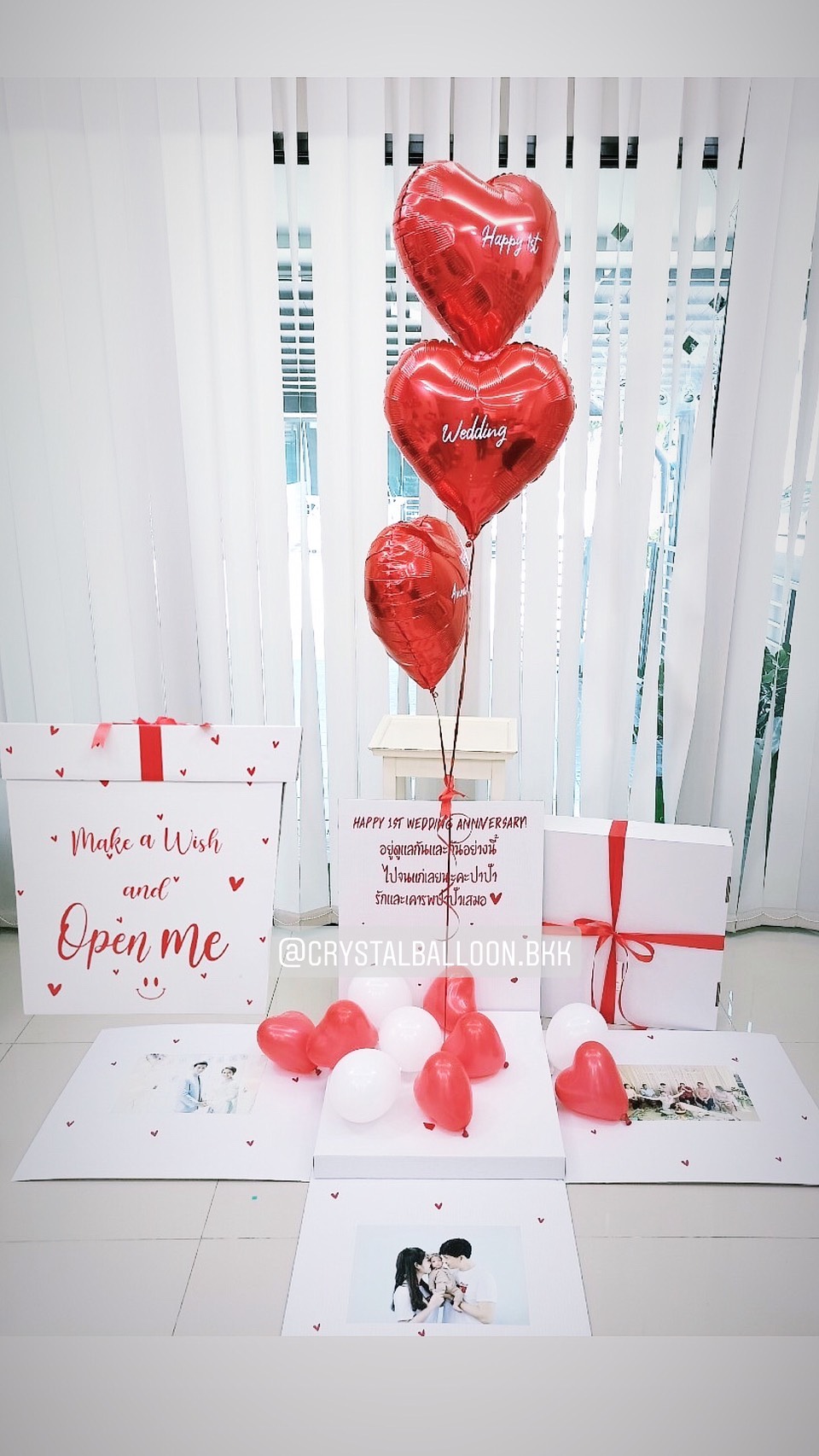 Happy Anniversary ครบรอบ แบบกล่อง ลูกโป่งฟอยล์หัวใจ ขนาด 18" 3 ชิ้น สีแดง พร้อมตกแต่ง สามารถใส่รูปได้ 2 ใบ สามารถเปลี่ยนสีลูกโป่ง/เปลี่ยนข้อความได้
