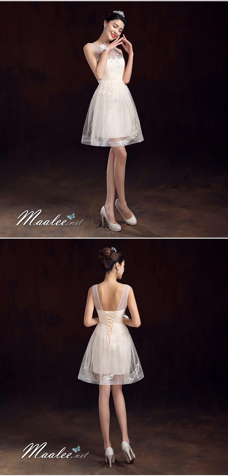 พร้อมส่ง ชุดราตรีสั้น แขนกุด แบบเรียบหรู แต่งผ้าตาข่ายแซมด้วยลูกไม้&คริสตัล สีครีม ครีม Champagne