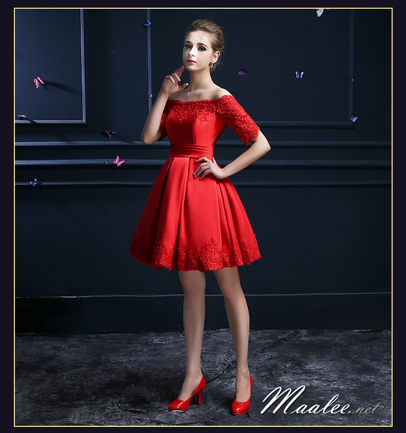 พร้อมส่ง ชุดราตรีสั้น แบบไหล่ปาด แขนยาว ผ้าซาติน แต่งลูกไม้สวยหรู สีแดง (เชือกผูกหลัง)