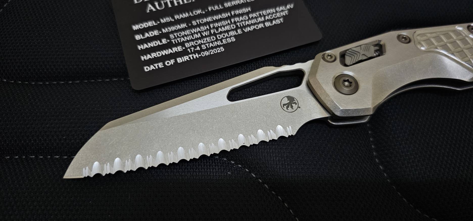 Microtech Marfione Select MSI RAM LOK Frag Titanium Handles w/ Double Vapor Blast & Flamed Accents & Full Serrated Stonewash M390MK